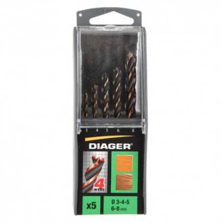 DIAGER Coffret 5 forets hélicoïdales bois 4 pointes Ø 3-4-5-6-8 mm 910D | e-bricolage